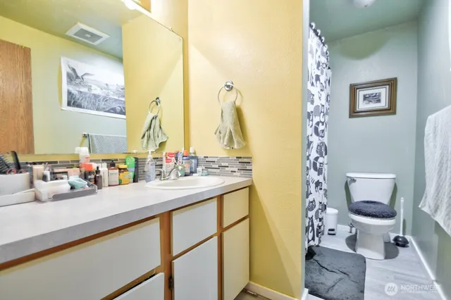 a bathroom with a sink mirror and toilet