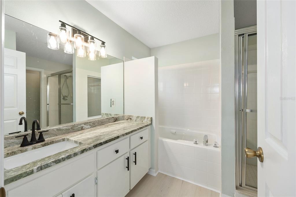 17549 Southeast 115th Terrace Road Summerfield, FL 34491 - Photo 27 of 56 a bathroom with a granite countertop sink two mirror and a bathtub