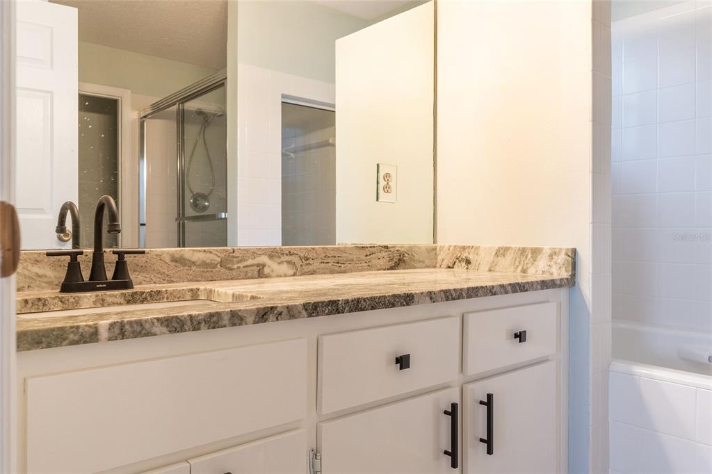 17549 Southeast 115th Terrace Road Summerfield, FL 34491 - Photo 28 of 56 a bathroom with a granite countertop sink and a mirror