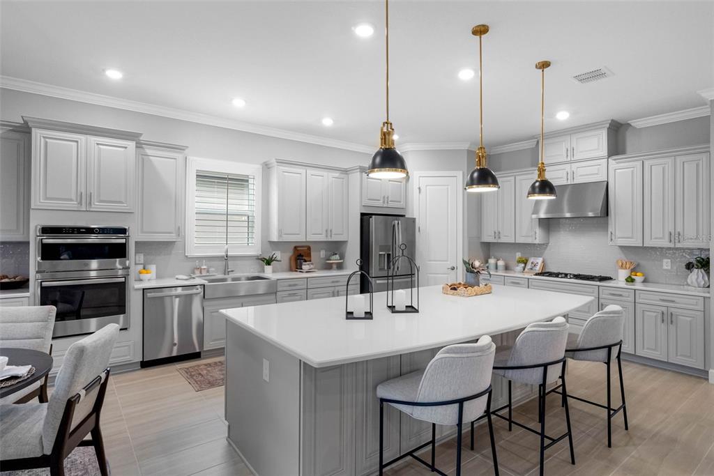 4795 Freccia Loop Wesley Chapel, FL 33543 - Photo 17 of 51 a kitchen with stainless steel appliances kitchen island granite countertop a sink and a stove top oven with wooden floor