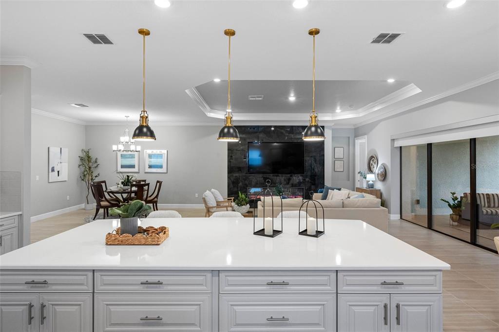 4795 Freccia Loop Wesley Chapel, FL 33543 - Photo 19 of 51 a view of a kitchen with kitchen island stainless steel appliances and living room view