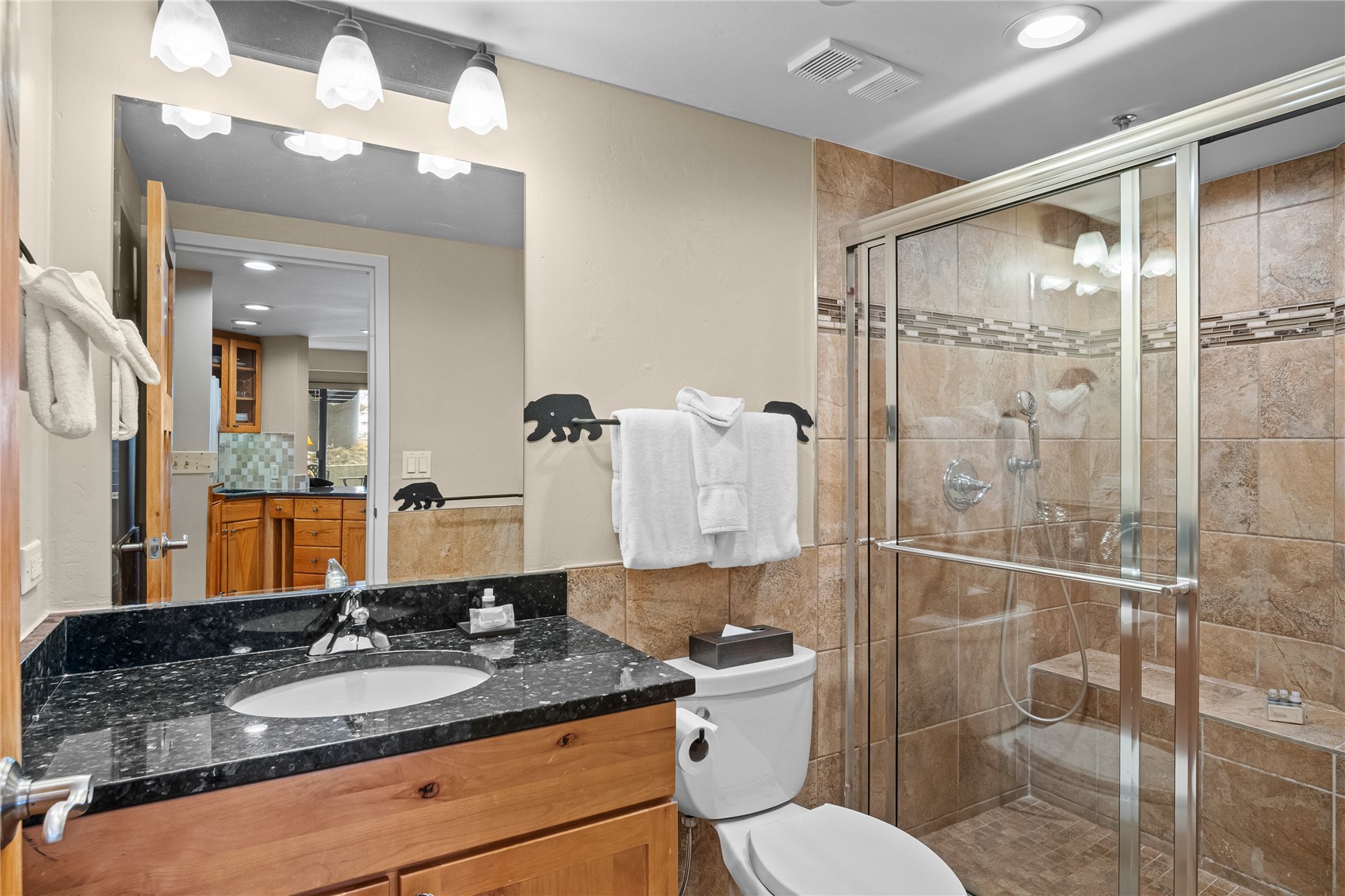 640 Village Road, Unit 4110 Breckenridge, CO 80424 - Photo 17 of 50 a bathroom with a granite countertop sink toilet a mirror and shower