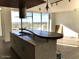 a dining table with large window