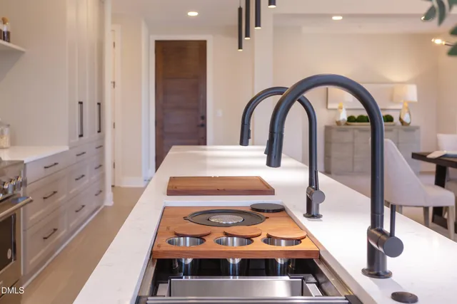 a bathroom with a sink a mirror and a potted plant