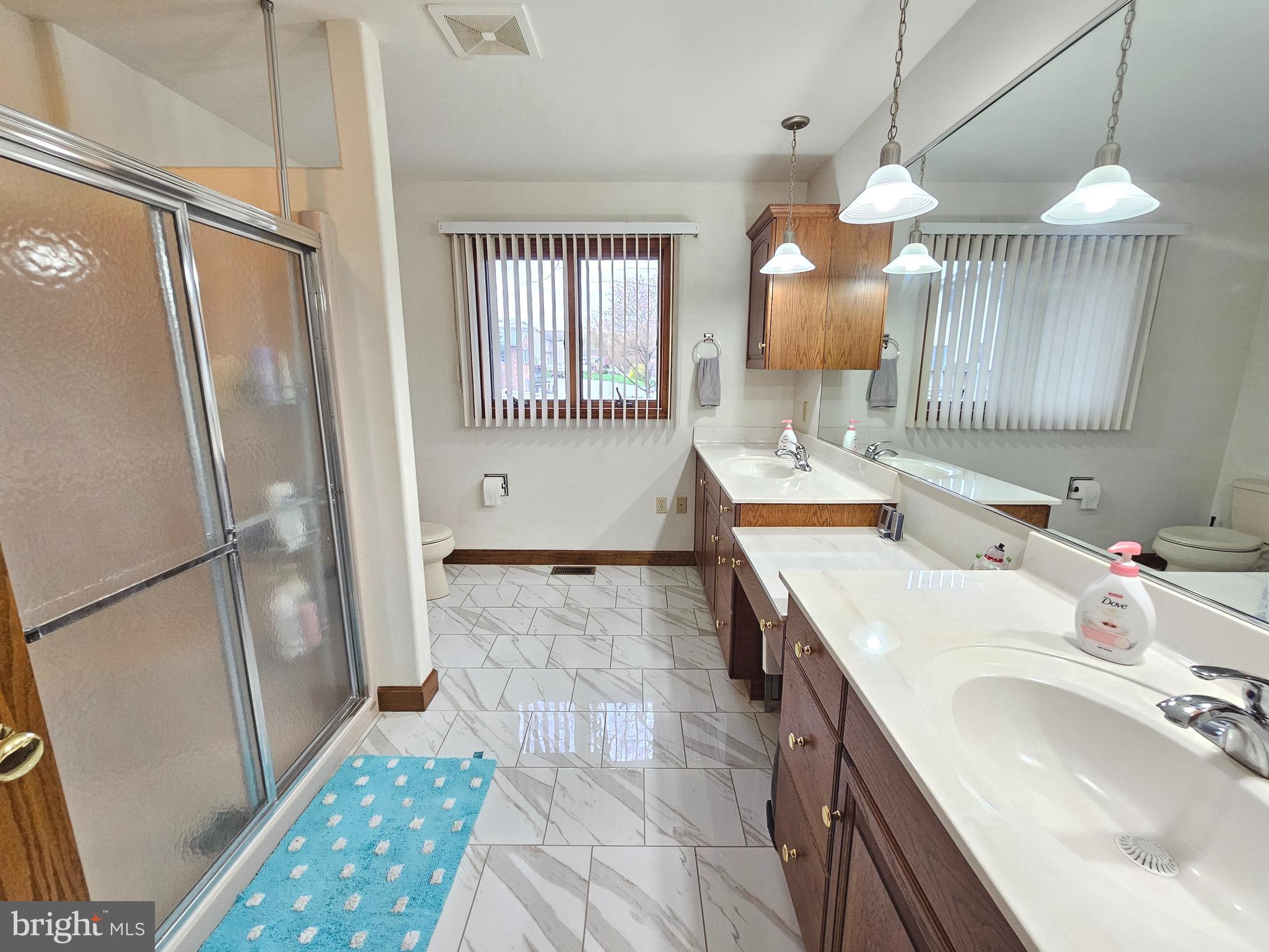 1101 Riverview Drive Reading, PA 19605 - Photo 19 of 67 a bathroom with a double vanity sink a mirror a bathtub and a shower