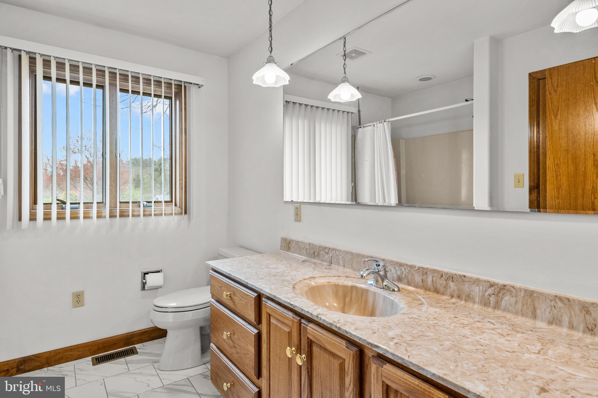 1101 Riverview Drive Reading, PA 19605 - Photo 25 of 67 a bathroom with a granite countertop sink a toilet and a mirror