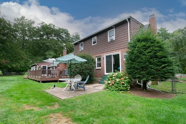 a garden view with a seating space