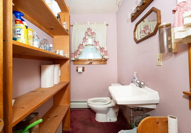 a bathroom with a sink mirror and toilet