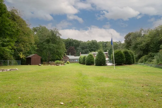 a backyard of a house with plants and large trees