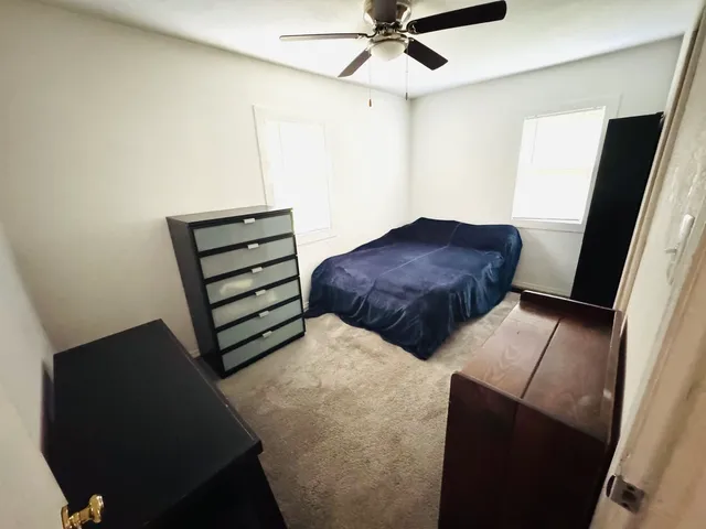 a bedroom with a bed and a ceiling fan