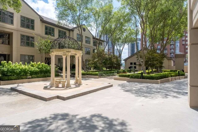 an outdoor space with furniture