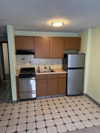 a kitchen with a sink a stove a refrigerator and cabinets