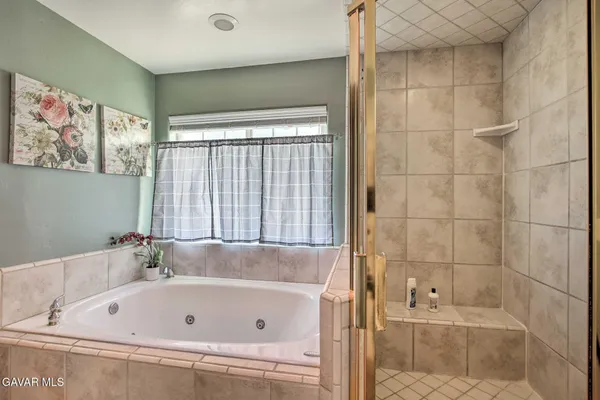 a bathroom with a bathtub and a shower