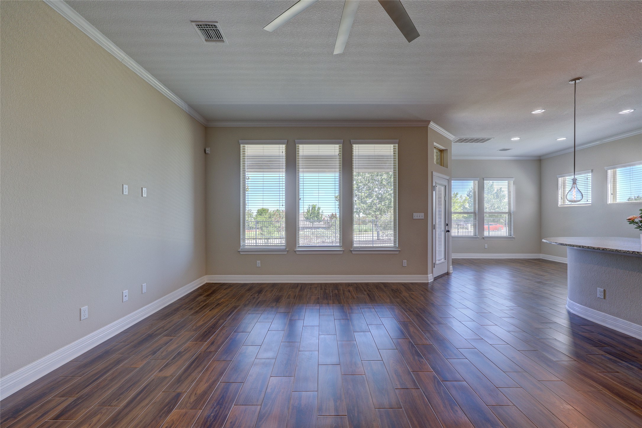 409 Betony Loop Buda, TX 78610 - Photo 37 of 38 An open floorplan with dark wood flooring and multiple windows creates an airy, well-lit living space.