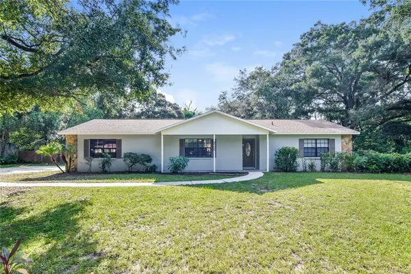 a view of a house with a yard and large tree