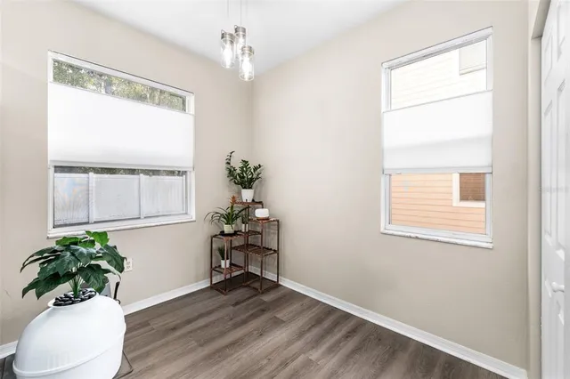 a view of a room with wooden floor potted plant and windows