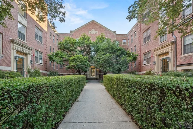 a view of a pathway with a garden