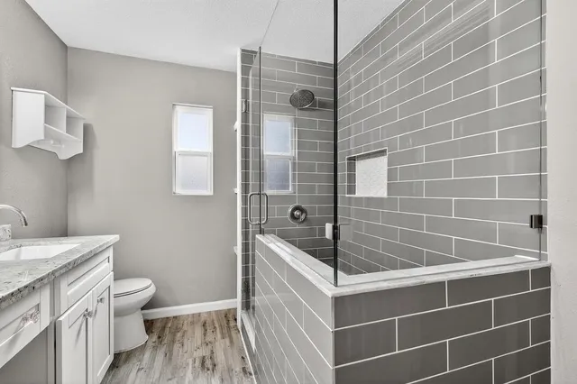 a bathroom with a granite countertop sink a toilet and shower