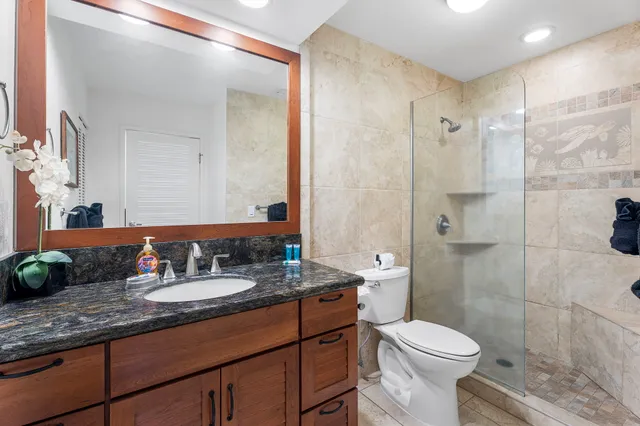 a bathroom with a granite countertop sink toilet and shower