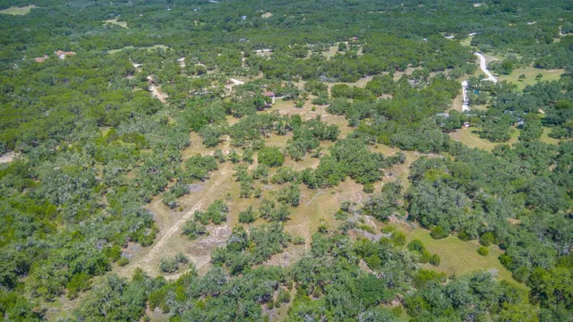 an aerial view of residential houses with outdoor space and trees