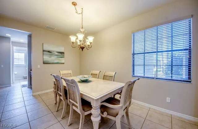 a view of a dining room with furniture and window