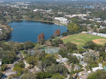 a view of a lake with a city