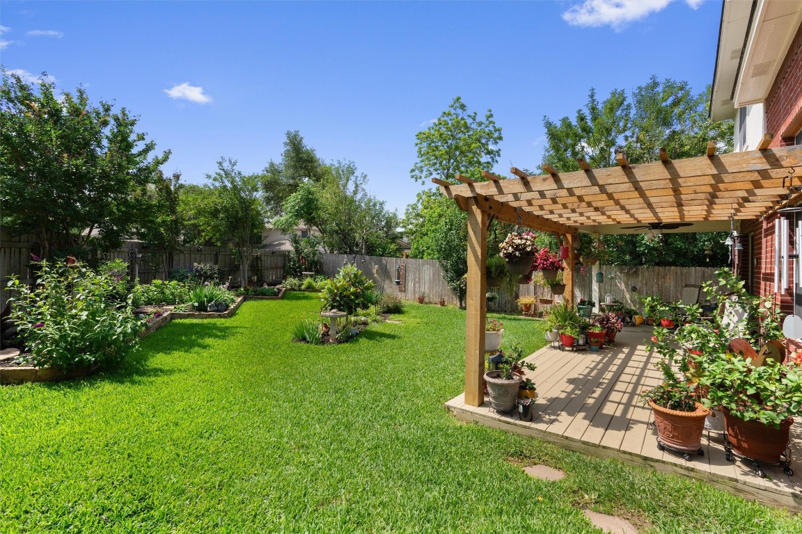 a view of a backyard with plants and a patio