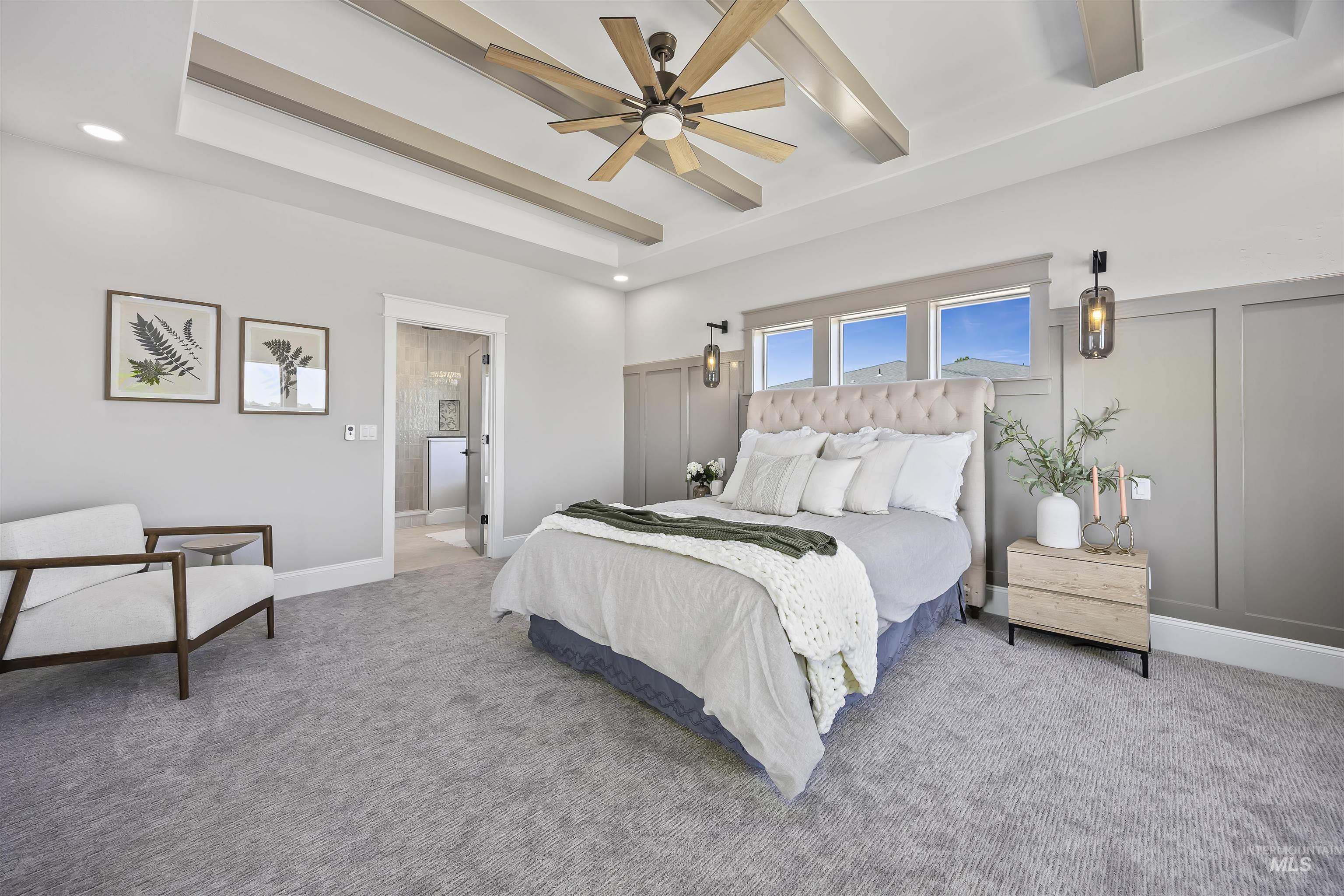 378 West 100 South Rupert, ID 83350 - Photo 21 of 50 Tray ceiling with exposed beams, recessed lighting, and a ceiling fan