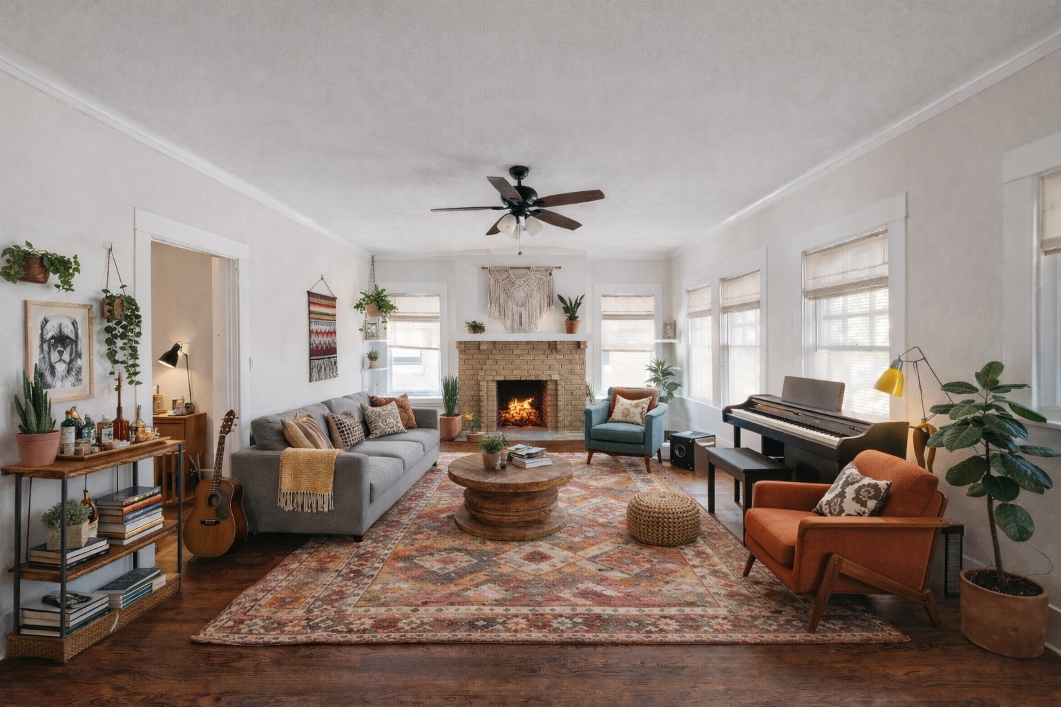 a living room with furniture and a fireplace