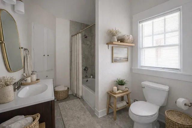a bathroom with a sink toilet a mirror and shower