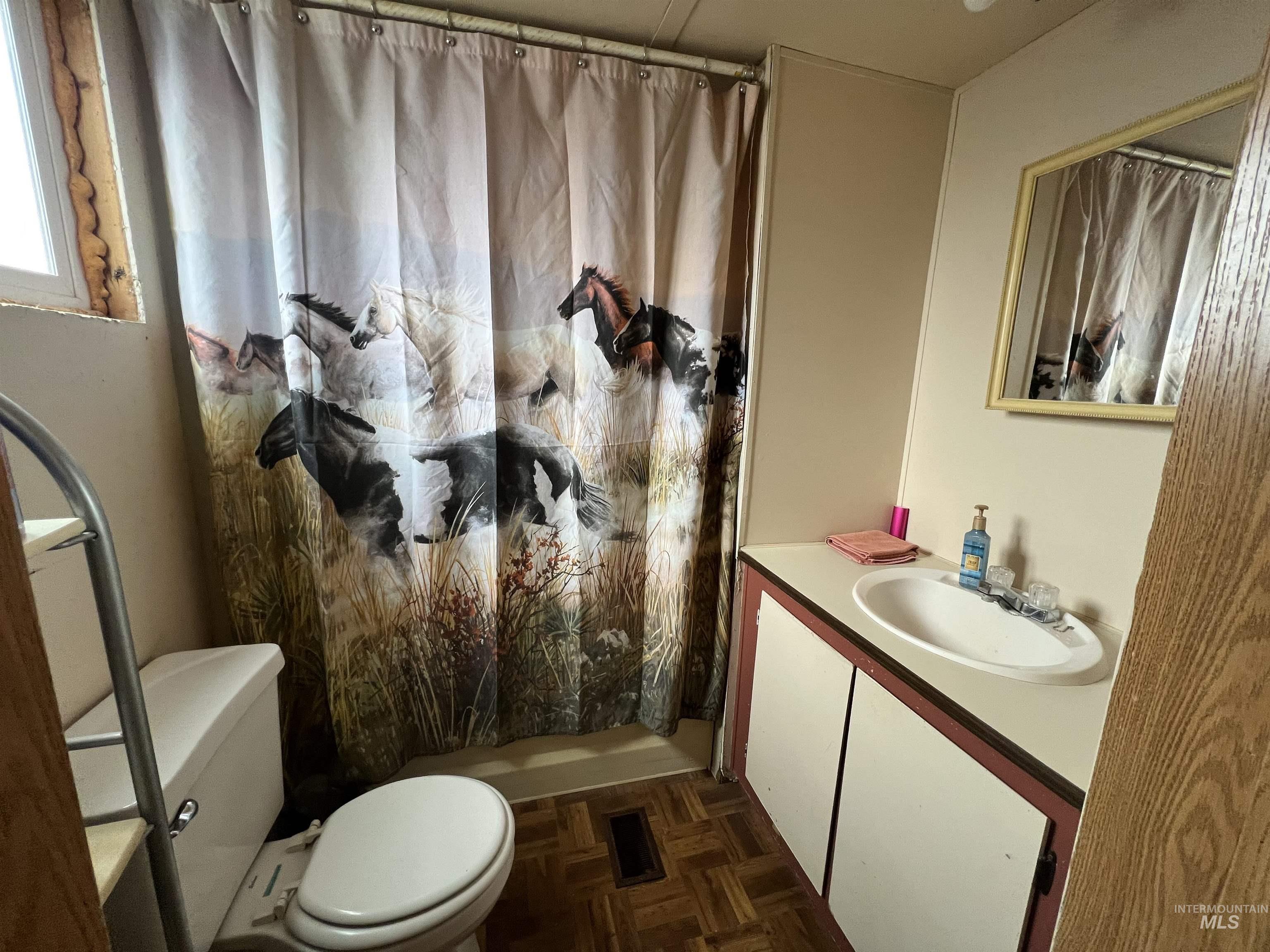 23743 Stephen Lane Parma, ID 83660 - Photo 34 of 34 Bathroom with vanity, a shower with shower curtain, and parquet floors
