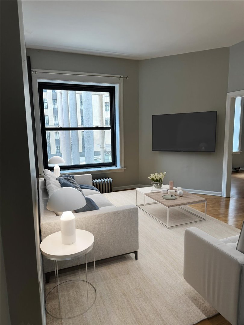 20 East Goethe Street, Unit 203 Chicago, IL 60610 - Photo 8 of 9 a living room with furniture and a flat screen tv