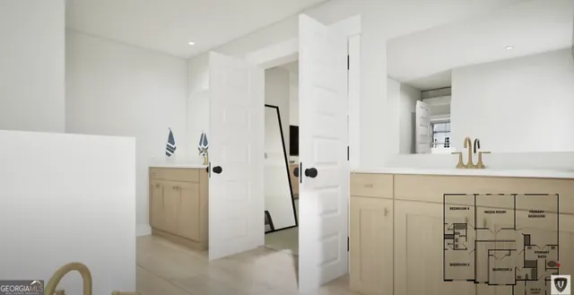 a blue chair sitting next to a small yard