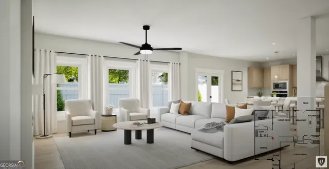 a living room with furniture and a chandelier