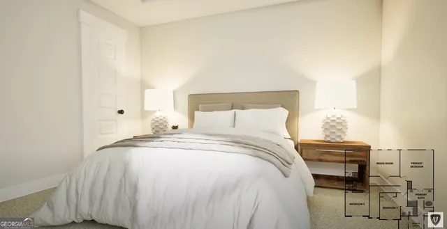 a bedroom with a bed and a night stand