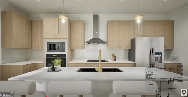 a kitchen with stainless steel appliances kitchen island granite countertop a sink and a refrigerator