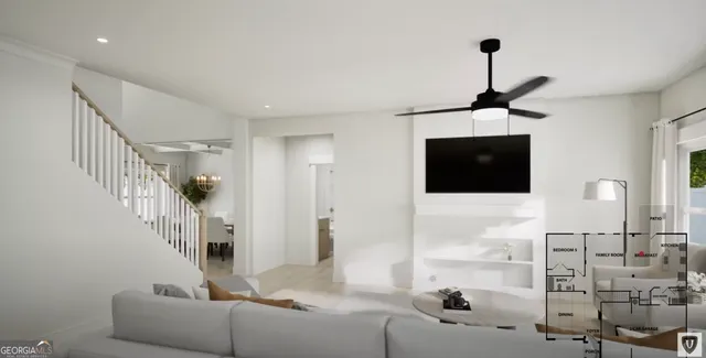 a living room with furniture a flat screen tv and floor to ceiling window