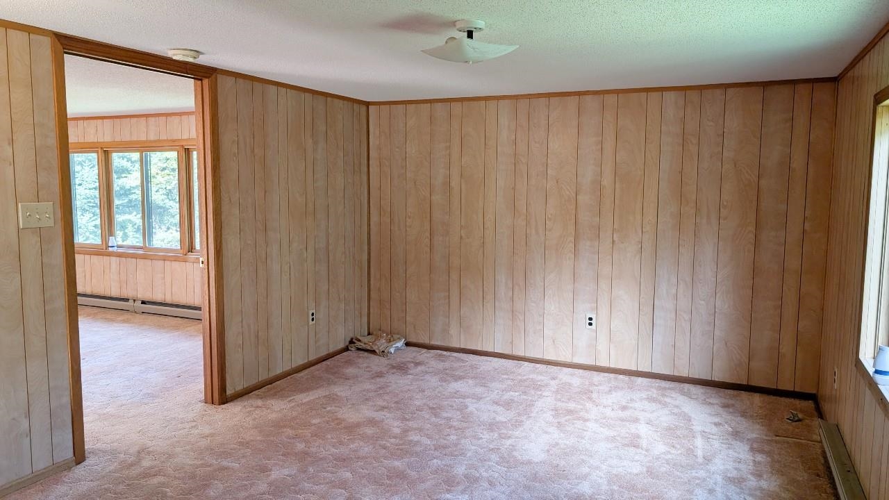 8159 Ludlow Road Cook, MN 55723 - Photo 18 of 32 Carpeted empty room featuring wood walls, crown molding, a textured ceiling, and a baseboard heating unit
