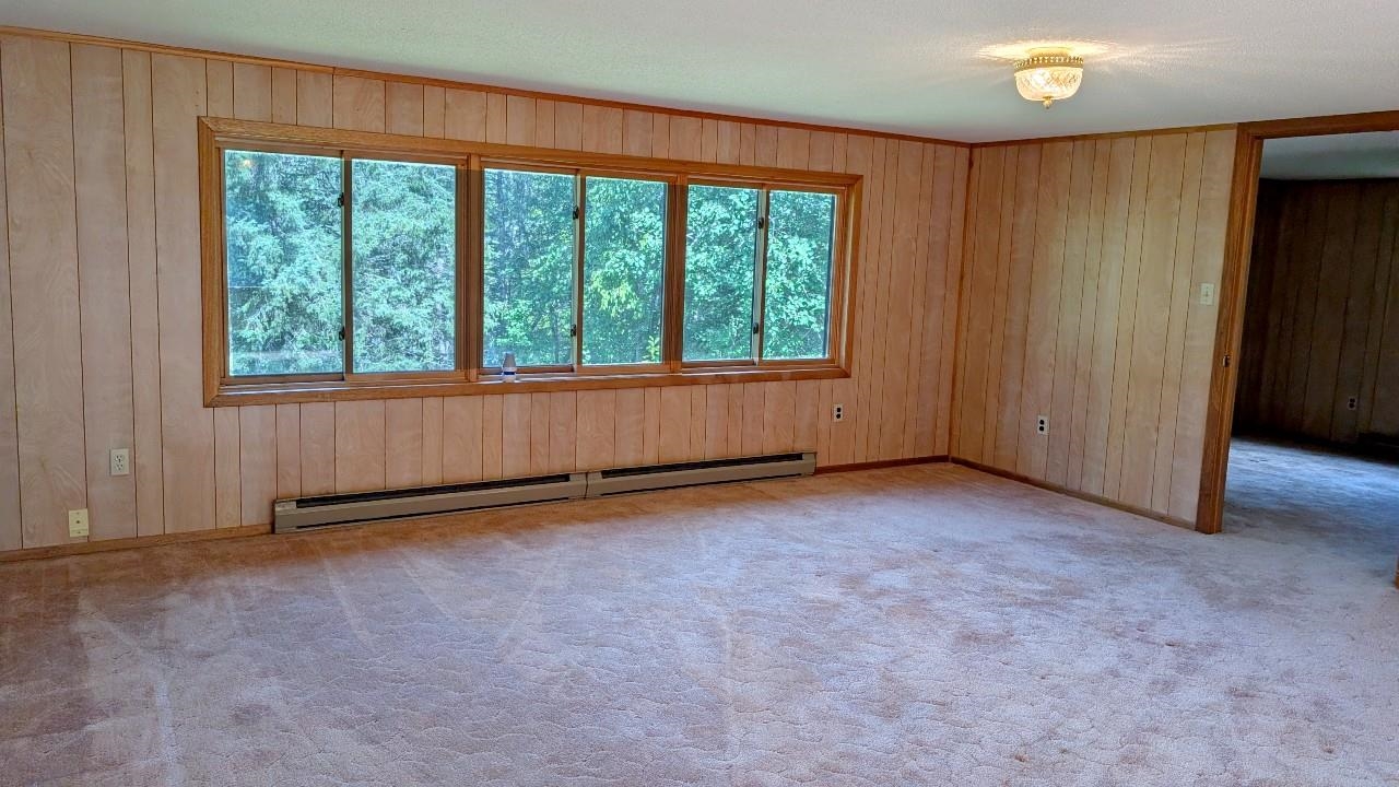 8159 Ludlow Road Cook, MN 55723 - Photo 20 of 32 Unfurnished room featuring light colored carpet, wood walls, and baseboard heating