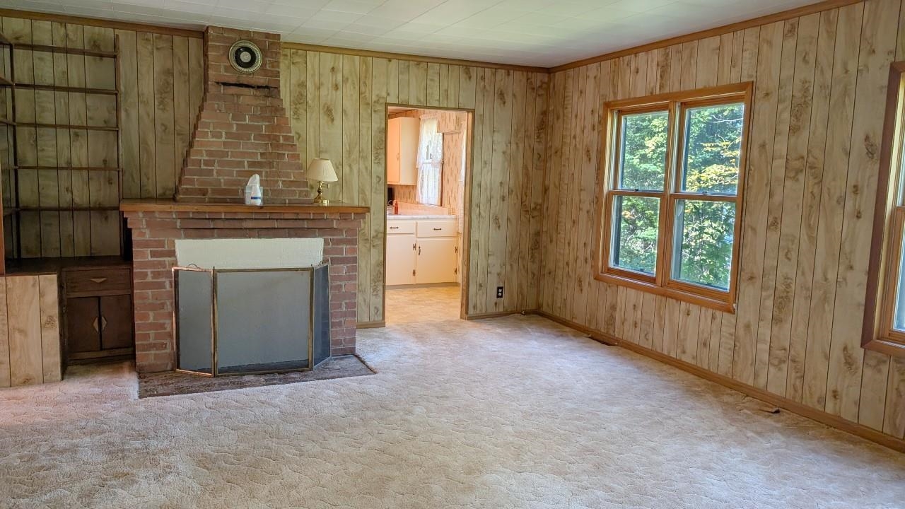 8159 Ludlow Road Cook, MN 55723 - Photo 5 of 32 Unfurnished living room featuring carpet flooring, a fireplace, and wooden walls
