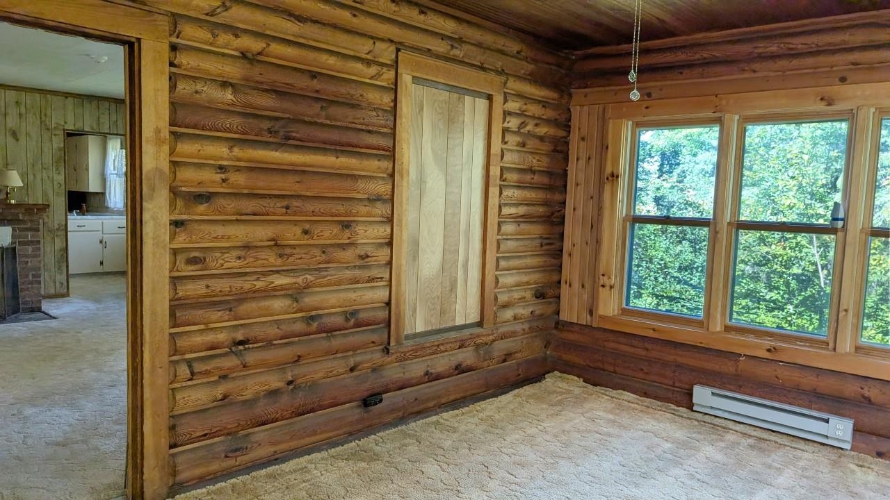 8159 Ludlow Road Cook, MN 55723 - Photo 8 of 32 Unfurnished room featuring carpet flooring, a baseboard radiator, rustic walls, and a fireplace