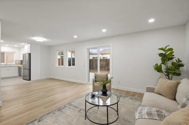 a living room with furniture and a potted plant