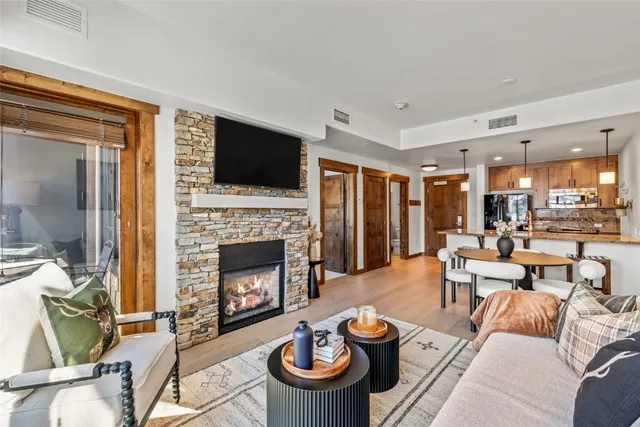 a living room with furniture a flat screen tv and a fireplace
