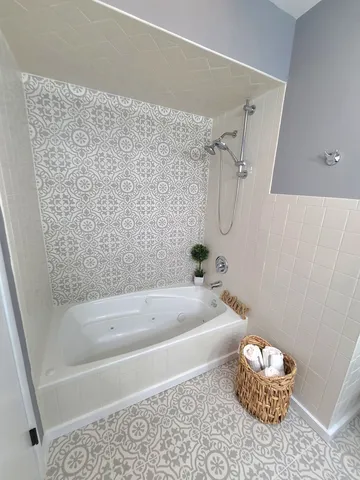 a bathroom with a bathtub