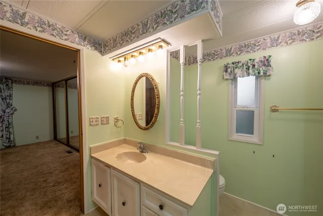 a bathroom with a sink a mirror and shower