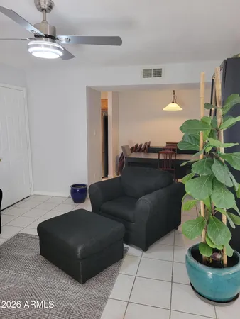 a living room with furniture flowerpot and a chandelier