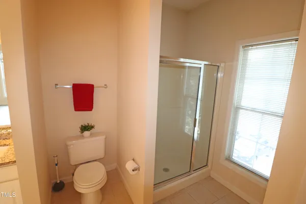 a bathroom with a shower and a toilet