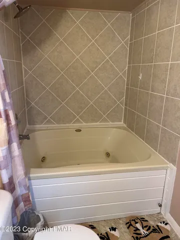 a bathroom with a bathtub and a shower