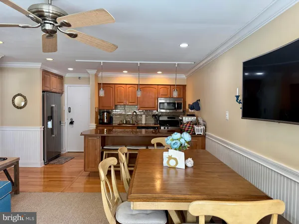 a view of a dining room with furniture