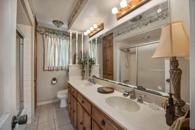 a bathroom with a double vanity sink mirror and toilet
